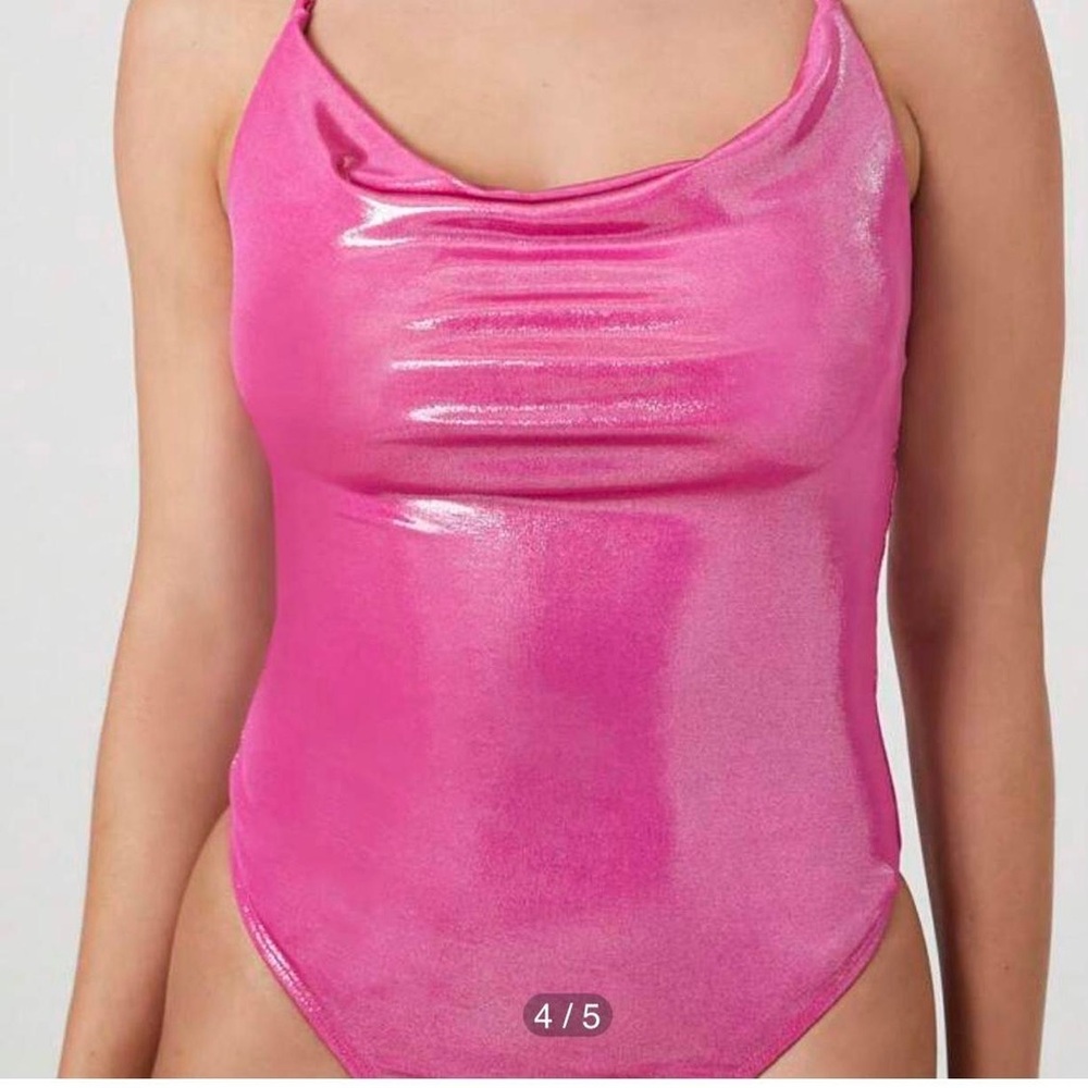 NWTS Forever 21 Fuchsia Metallic Cowl Neck Rhinestone Bodysuit Size XS - Picture 3 of 9